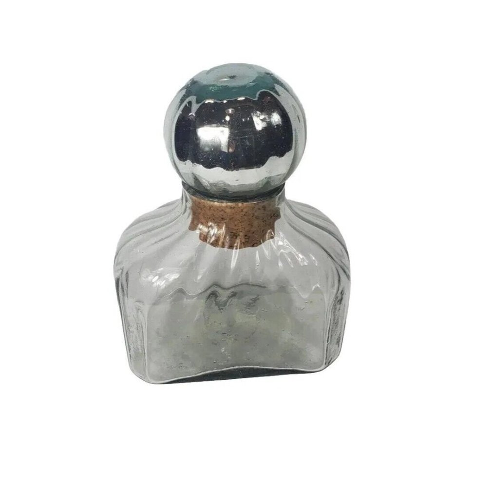 Vintage 1980s Mexican Handblown Glass Decanter W/ Mercury Glass Sphere Stopper